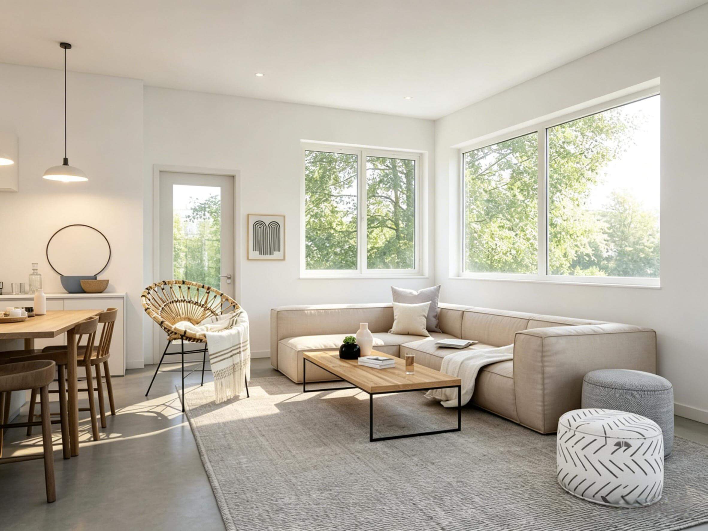 AI redesigned open-plan living room — bright modern style